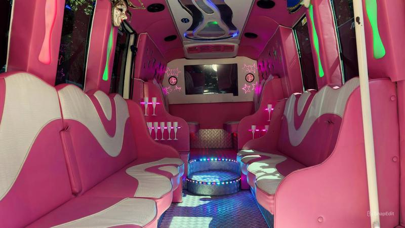 Pink party bus interior rear section - comfortable seating area
