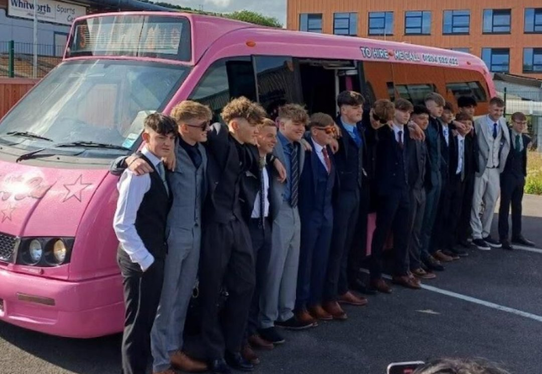 Press coverage - Pink Party Bus featured in Lancashire Telegraph for Whitworth Community High School prom 2025 - luxury transport for school celebrations